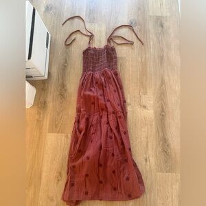 Smocked Bodice Maxi Dress in Dusty Rose with Floral Embroidery